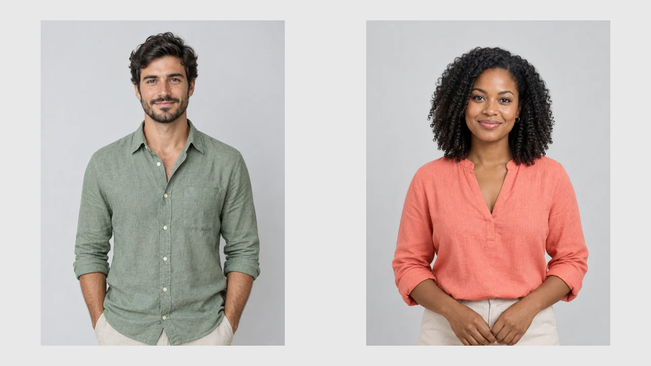 The two fictional adult portrait inputs used for the sunset-couple demonstration, shown separately